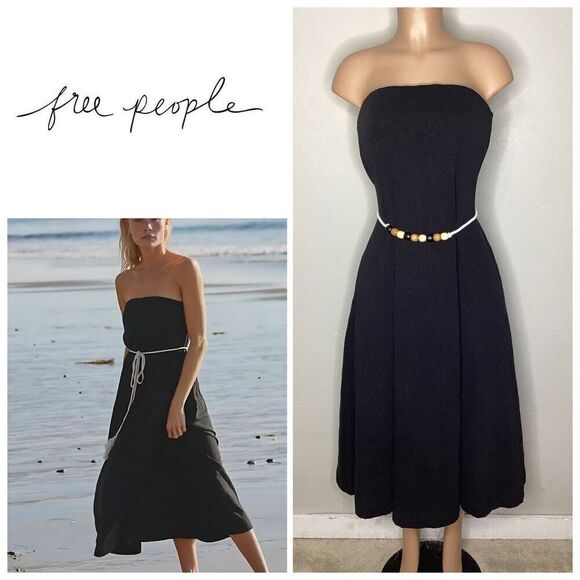 Free People black strapless dress with wood bead belt. Medium. Retails $70 - Picture 1 of 8